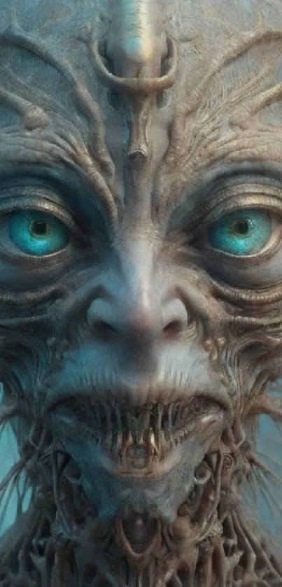 Enigmatic alien creature art with vivid blue eyes and intricate details.