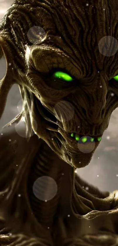 Mysterious alien with glowing green eyes on a dark, mystical background.