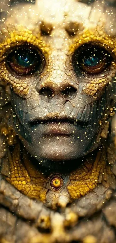 Intricate alien creature with golden textures and vivid eyes, perfect for sci-fi lovers.