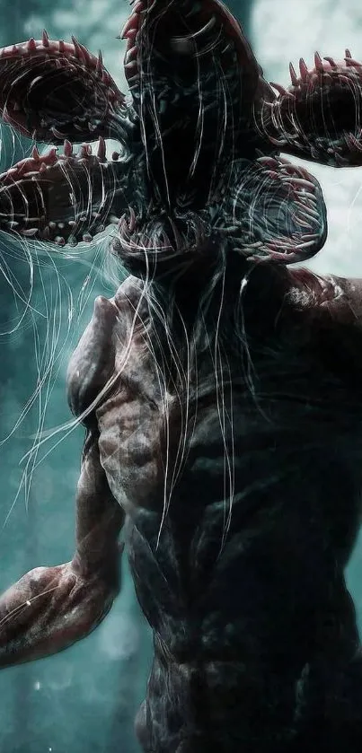 Alien creature with dark teal background creating an eerie atmosphere.