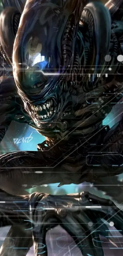 Alien creature artwork with dark sci-fi theme.