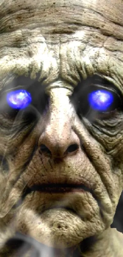 Dark alien creature with glowing blue eyes against a brown background.