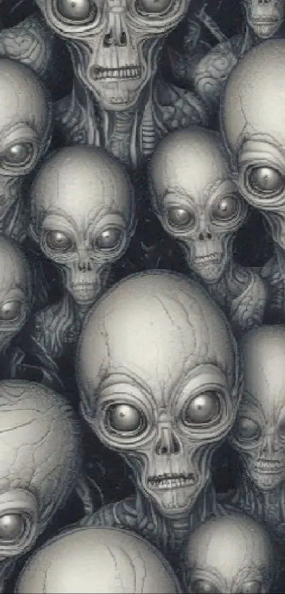 Alien-themed phone wallpaper with eerie extraterrestrial figures.