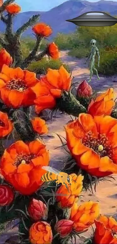 Orange desert flowers with alien and UFO.