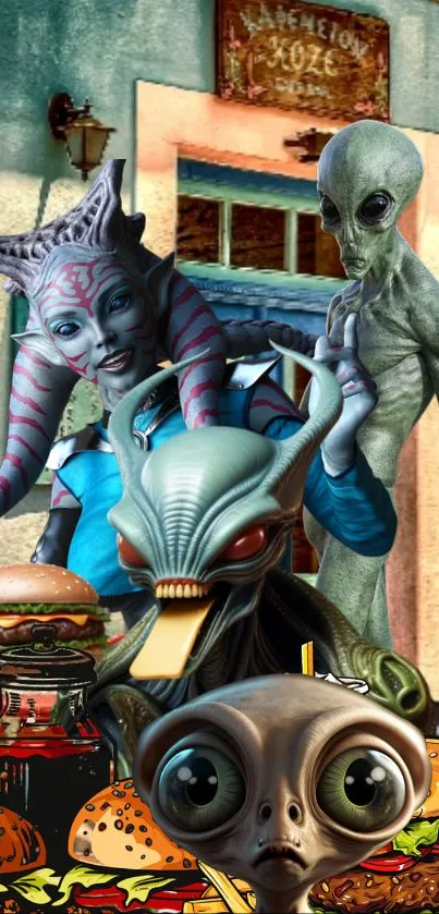 Colorful aliens enjoying giant burgers in a whimsical dining scene.