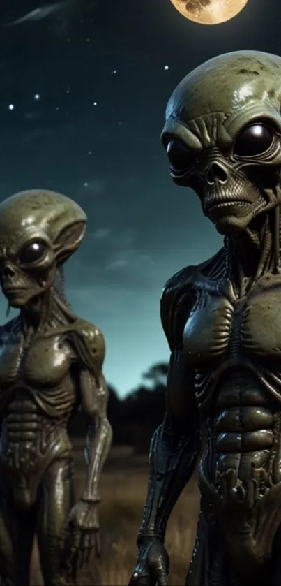 Aliens under a starry night sky in a sci-fi themed wallpaper.