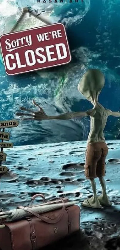 Alien on the moon with Earth, holding a closed sign in creative space scene.