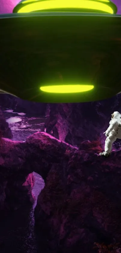 UFO hovers above astronaut in purple rocky landscape.