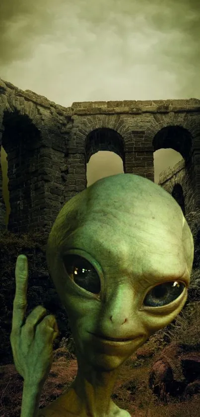 Alien figure standing in ancient stone ruins, an intriguing phone wallpaper.