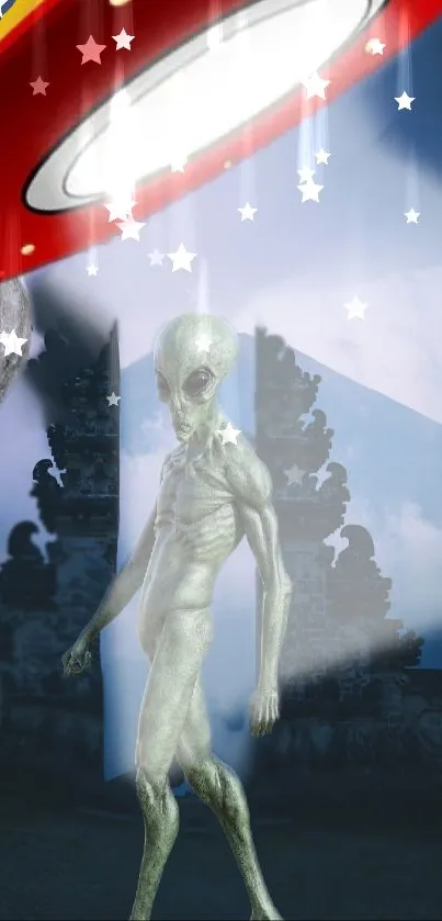 Alien and UFO in mystical ancient scene.