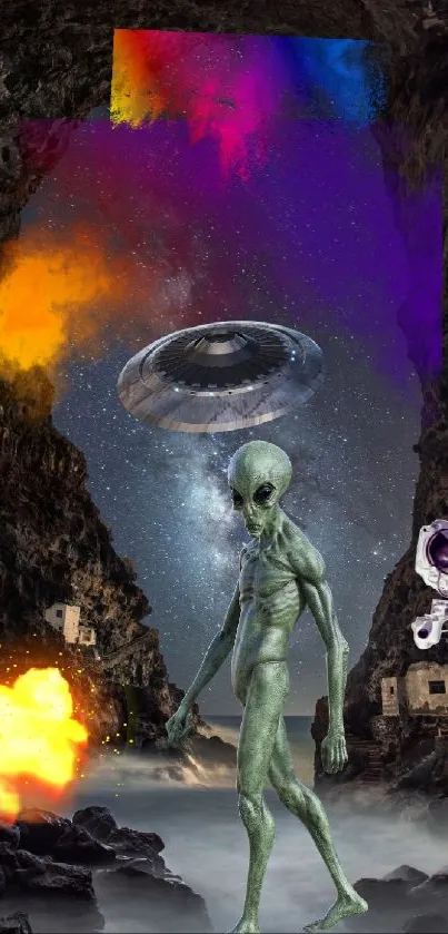 Alien and UFO in cosmic cave with vibrant colors and astronauts.