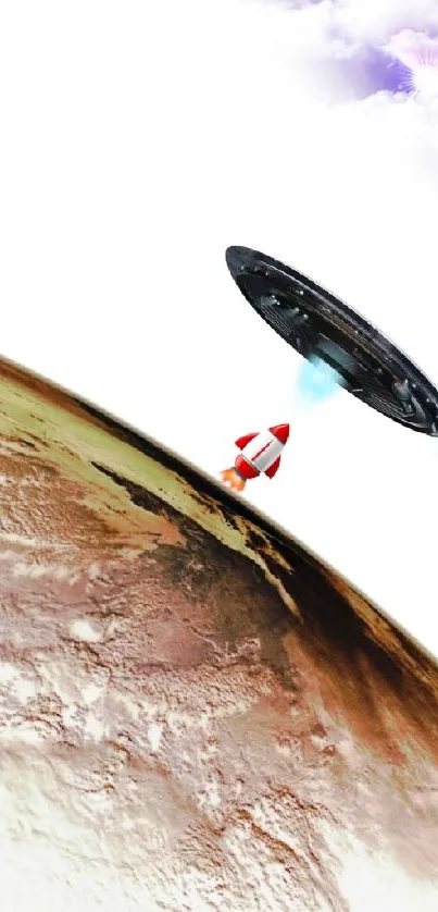 Illustration of a spaceship and UFO near a planet in outer space.