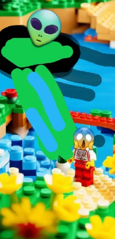 Vibrant Lego scene with an alien visitor.