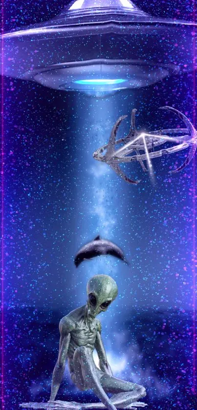 Alien and UFO cosmic wallpaper with purple and blue hues.