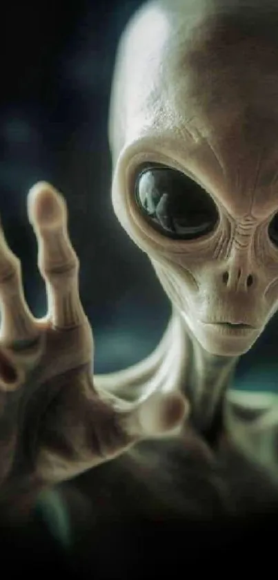 Mysterious alien reaching out in dark sci-fi themed wallpaper.