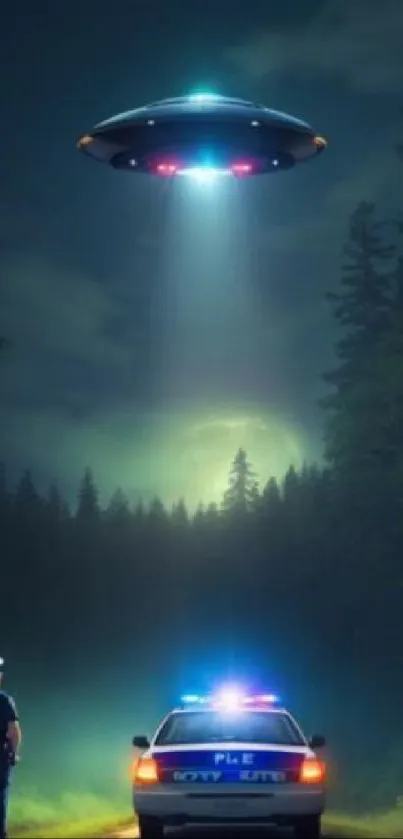 Police car under UFO in dark forest scene.