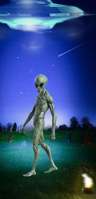 Alien figure under UFO with starry sky background.