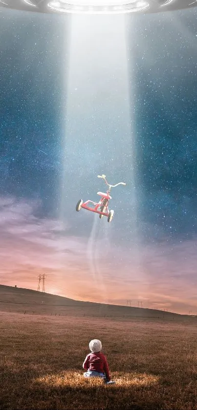 A child witnesses a UFO abducting a tricycle under a starry sky.