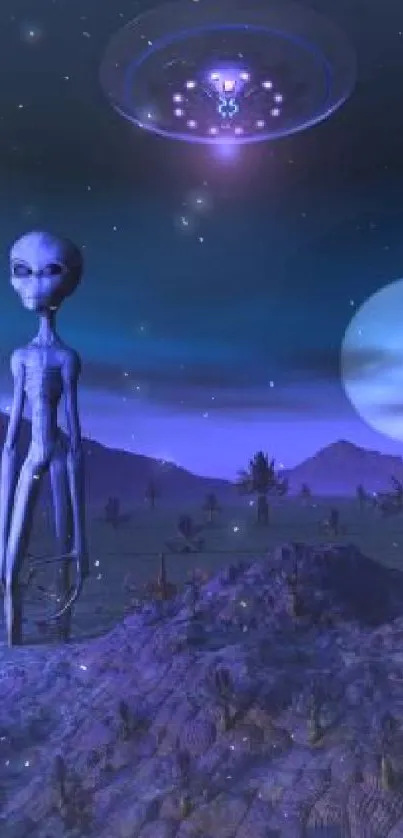 Alien nightscape with UFO hovering in a blue moonlit setting.