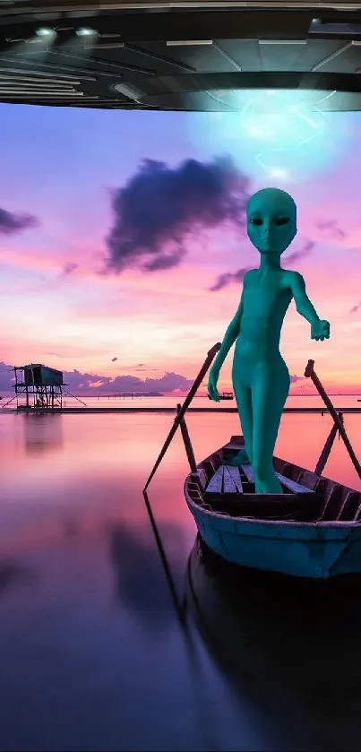 Alien in a boat beneath a UFO with a purple sunset ocean backdrop.