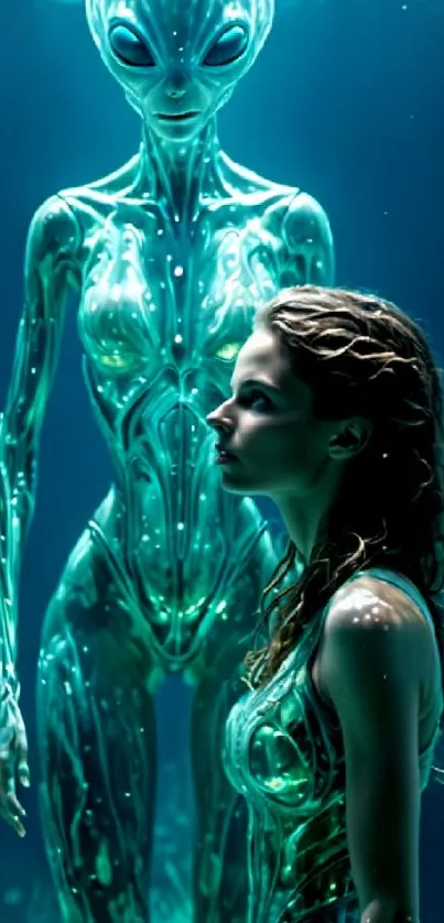 Alien and human in an ethereal encounter, underwater.