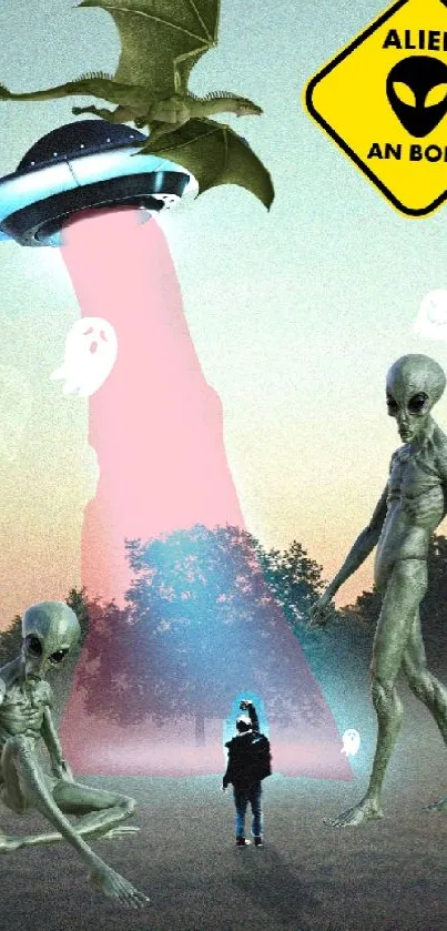 Sci-Fi wallpaper with UFO, aliens, and mystical landscape.
