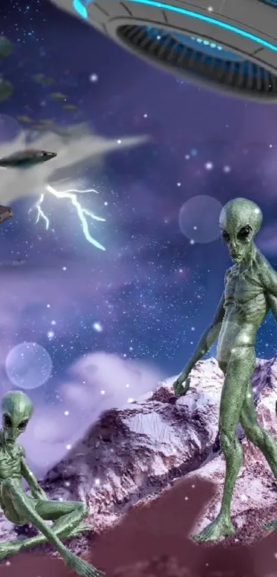 Aliens on a mountain under UFOs in a cosmic sky.