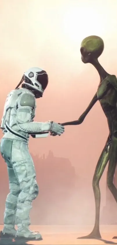 Astronaut and alien shake hands in a sci-fi scene.