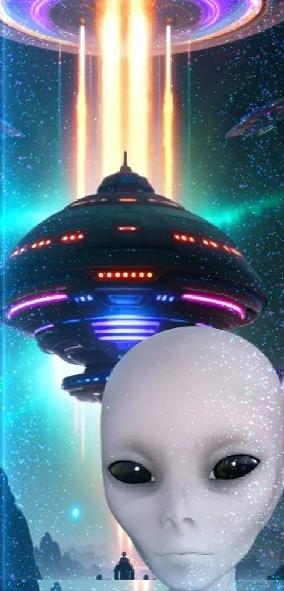 Alien and spaceship cosmic wallpaper with vibrant colors.