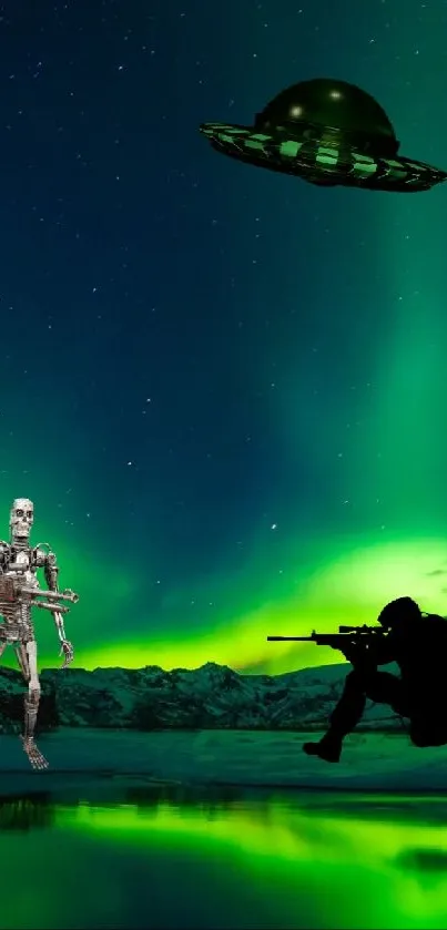 Alien and soldier under green aurora with UFO.