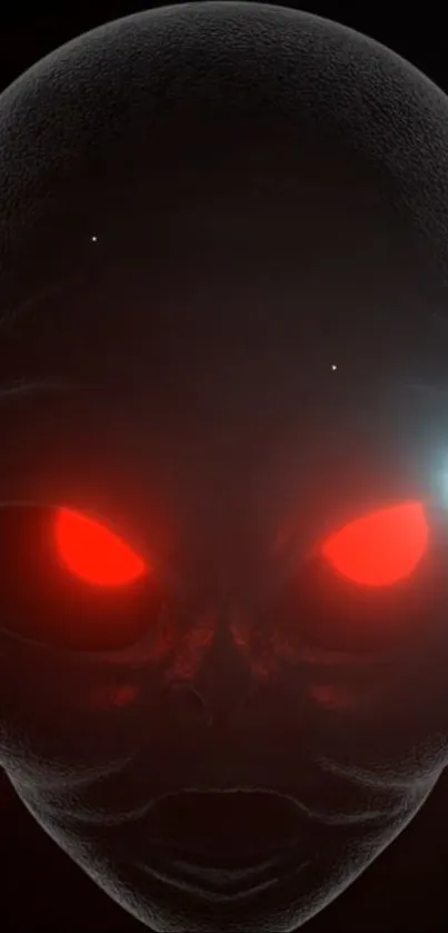 Alien face with glowing red eyes in a dark, mysterious setting.