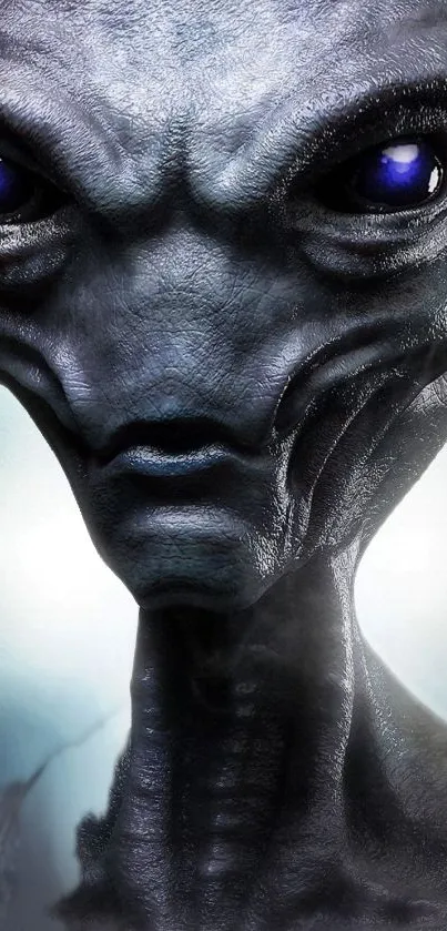 Close-up of a mysterious alien face with deep blue eyes and dark textures.