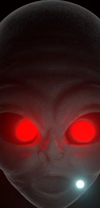 Alien face with red glowing eyes on a dark background.