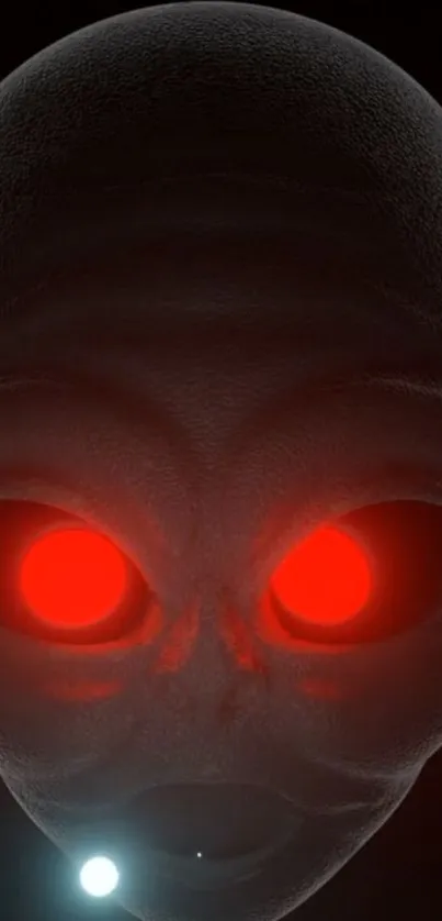 Alien face with glowing red eyes on dark background.