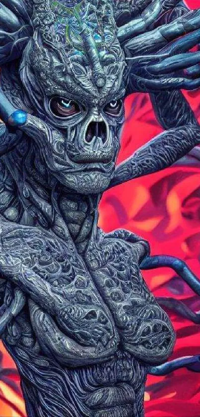 Detailed alien fantasy creature in blue with a red background.