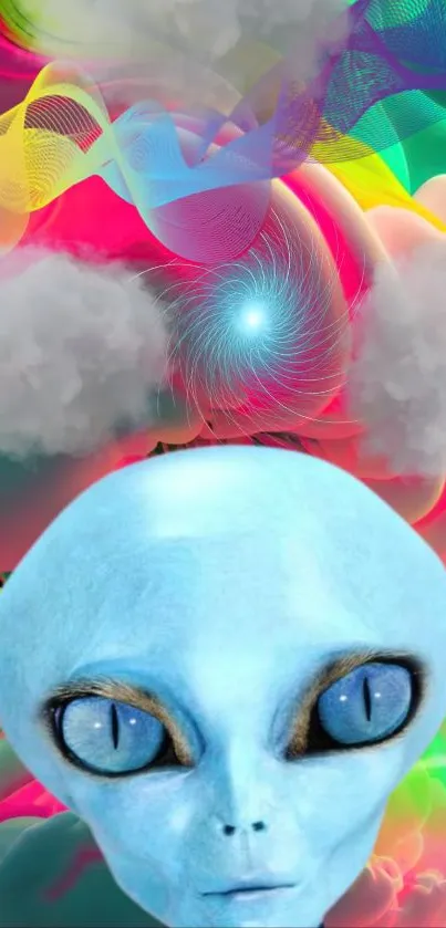 Blue alien head with colorful background and clouds.