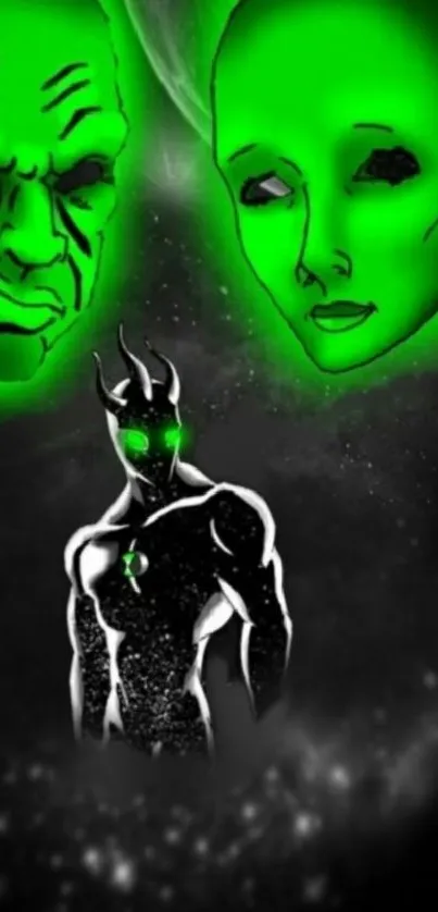 Green glowing alien fantasy characters on dark background.