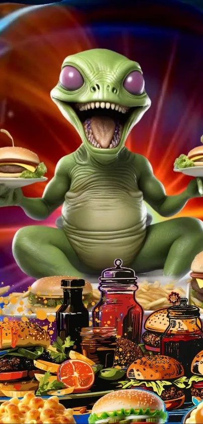 Alien holding burgers in cosmic feast setting, vibrant wallpaper.