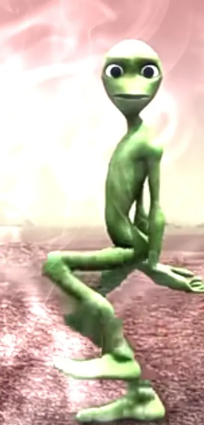 Green alien sitting in a mystical, smoky desert landscape wallpaper.