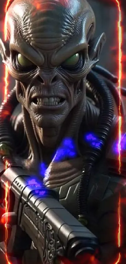 Alien warrior with glowing eyes in a fiery setting