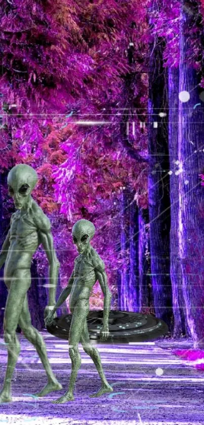 Alien figures in a vibrant purple forest scene, creating a surreal, fantasy atmosphere.