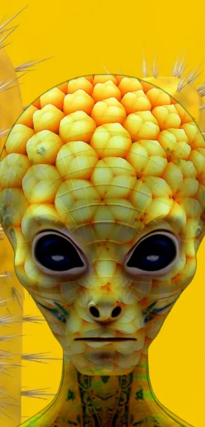Alien fruit head with a yellow background.