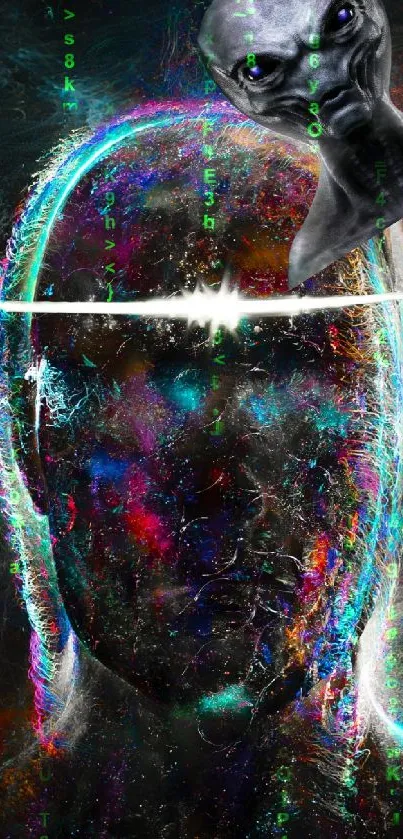 Futuristic alien head with halo in cosmic colors on dark background.