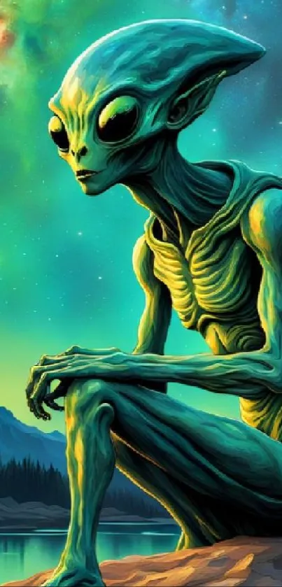 Alien sitting by a lake under a cosmic sky, in teal and green hues.