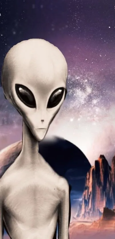 Alien figure with galaxy background and cosmic landscape.