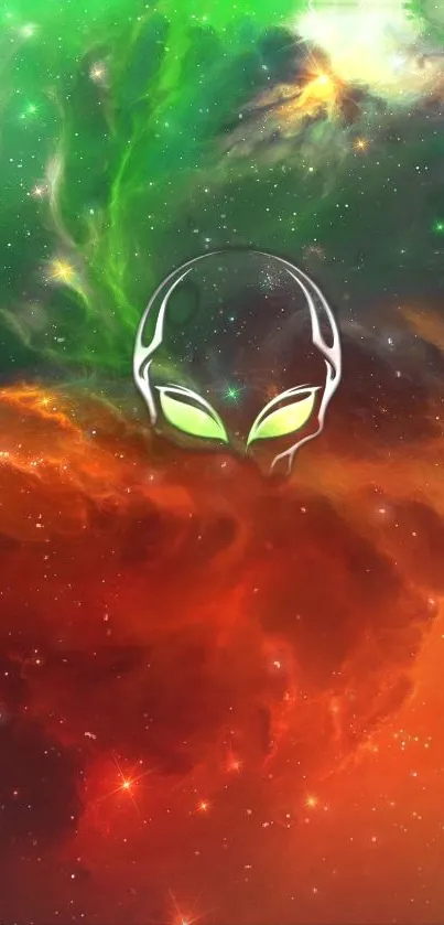 Alien face in a colorful galaxy with green and red nebula background.