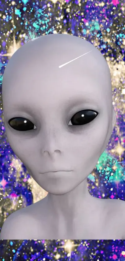 Alien figure in a colorful galaxy background with vibrant hues.