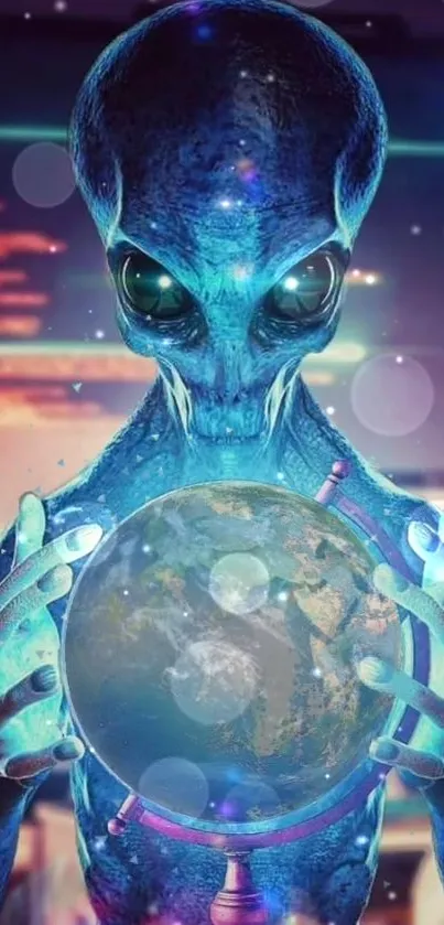 Blue alien holding a glowing globe in cosmic setting.