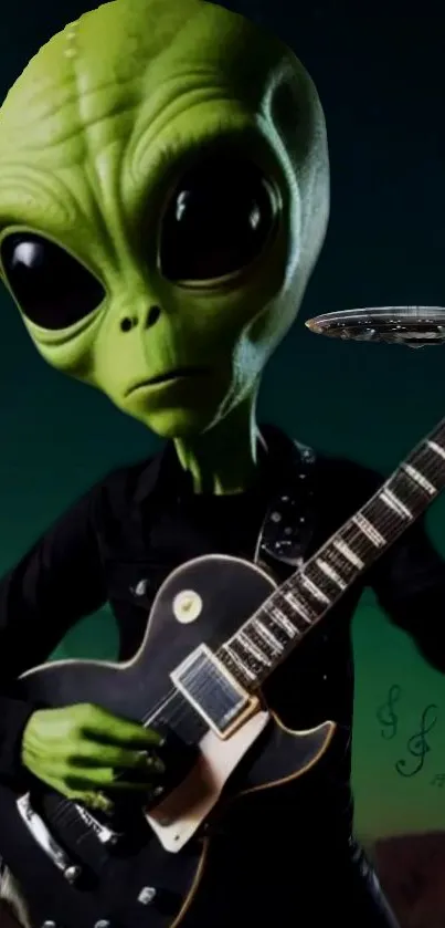 Green alien playing guitar with UFO in space.