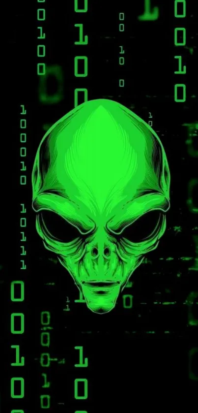 Neon green alien head on binary code background wallpaper.